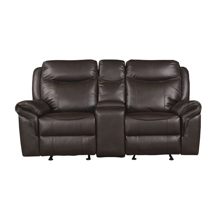 Aram Double Glider Reclining Loveseat with Center Console, Receptacles and USB Ports in Brown - 8206BRW-2