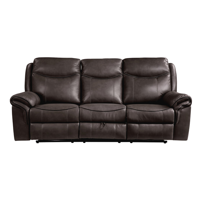 Aram Double Reclining Sofa with Center Drop-Down Cup Holders, Receptacles, Hidden Drawer and USB Ports in Brown - 8206BRW-3