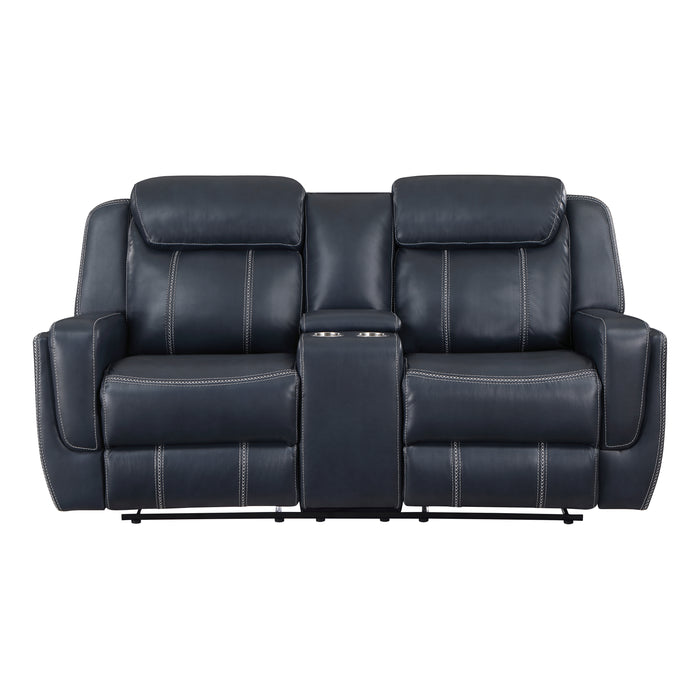 Littleton Double Reclining Loveseat with Center Console, Receptacles and USB Ports in Blue - 8516BU-2
