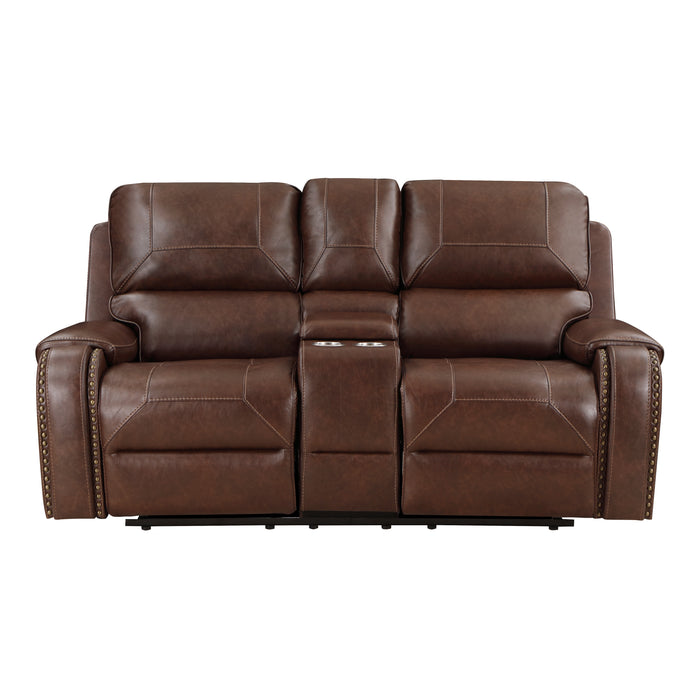 Newnan Double Glider Reclining Loveseat with Center Console, Receptacles and USB Ports in Brown - 8549BRW-2