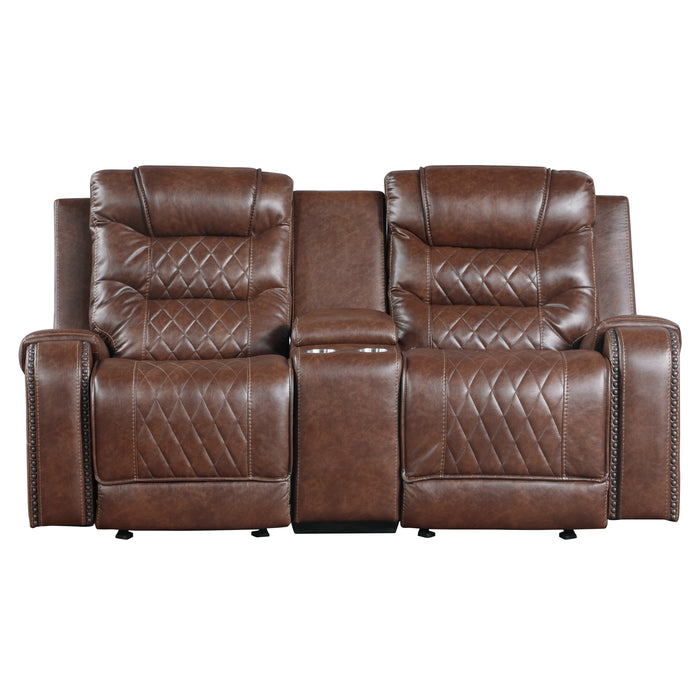 Putnam Double Glider Reclining Loveseat with Center Console, Receptacles and USB Port in Brown - 9405BR-2