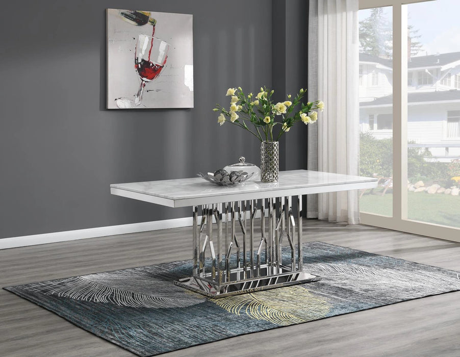 Dining Table (White Marble) & 6 Gray Velvet Chairs