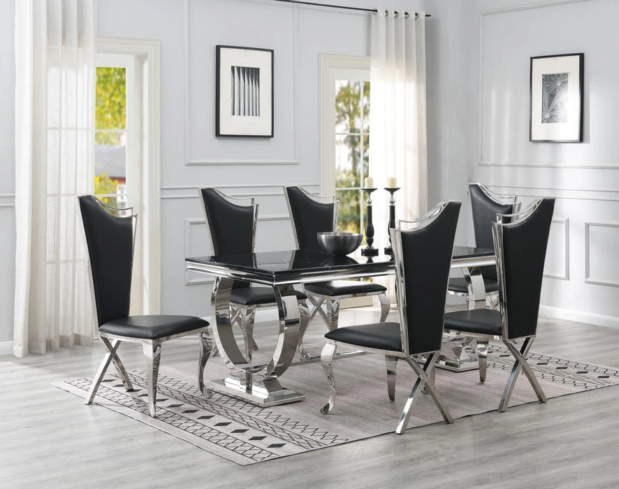 Dining Table (Black Marble) & 6 Black Leather Chairs