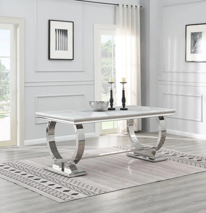 Dining Table (White Marble) & 6 Black Leather Chairs