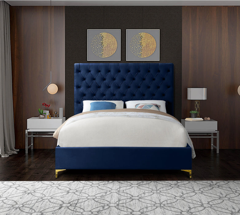 Cruz Navy Velvet Queen Bed