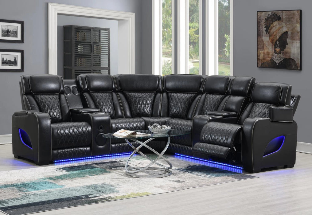 Black 3 Pc Power Led Sectional, Power Headrest, Heat, Massage Wireless Charger, And Usb