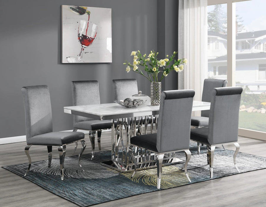 Dining Table (White Marble) & 6 Gray Velvet Chairs
