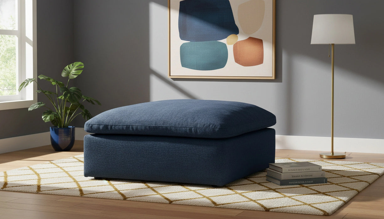 Serene Navy Linen Fabric Deluxe Cloud Ottoman