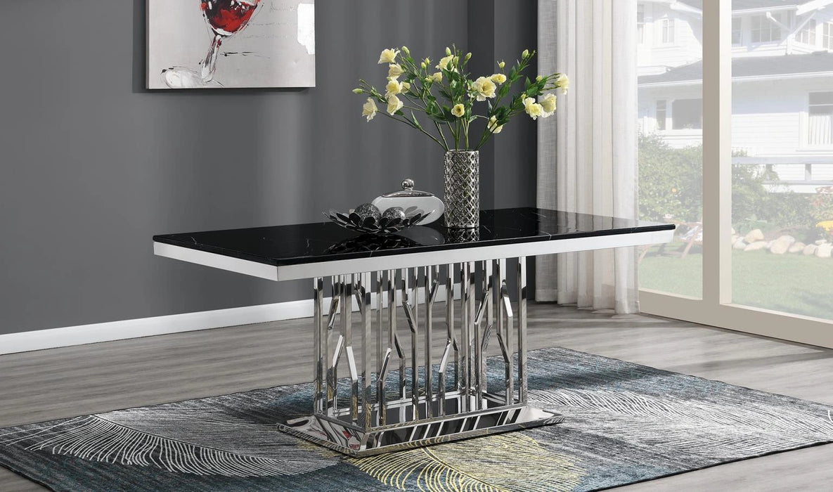 Dining Table (Black Marble) & 6 Black Leather Chairs
