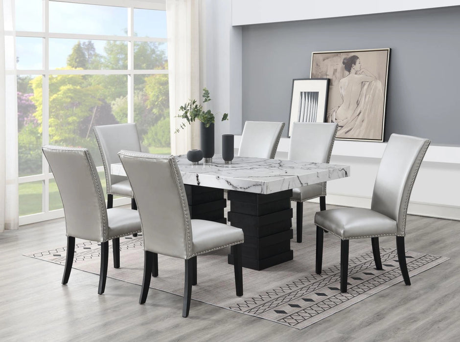 Dining Table & 6 Silver Leather Chairs