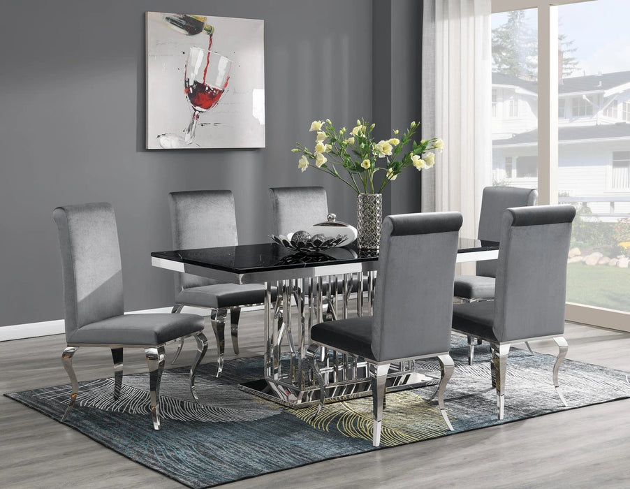 Dining Table (Black Marble) & 6 Gray Velvet Chairs