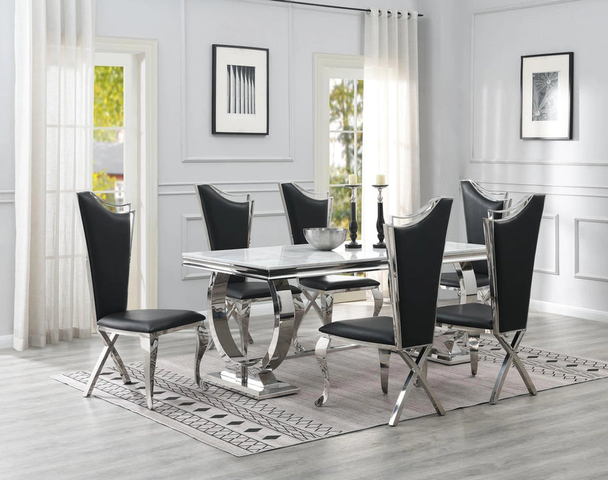 Dining Table (White Marble) & 6 Black Leather Chairs