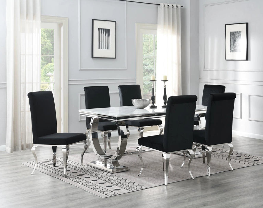 G-082-T-WHITE Dining Table-White Marble-4 Black Leather Chairs