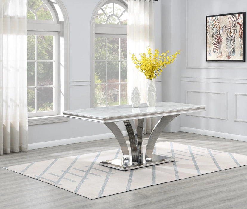 Dining Table (White Marble) & 6 Black Leather Chairs