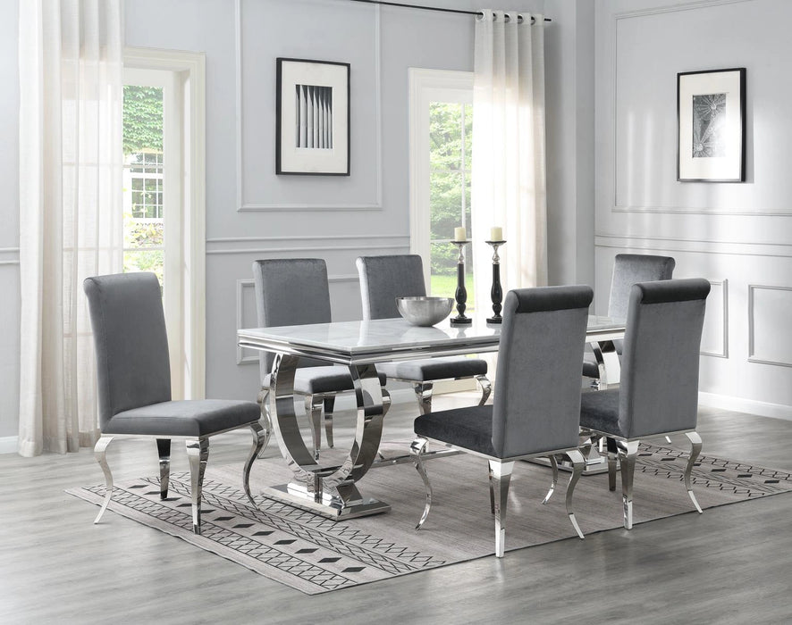 Dining Table (White Marble) & 6 Gray Velvet Chairs