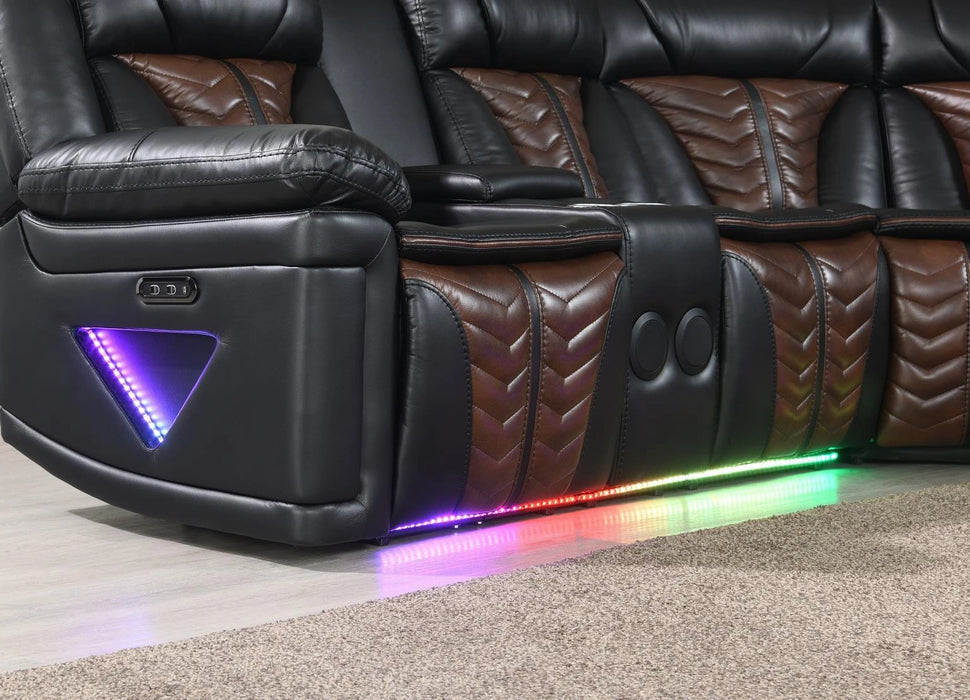 Black/Brown Power 3 Pc Sectional W/Bluetooth Speaker, And Wireless Charger, Multi Color Led