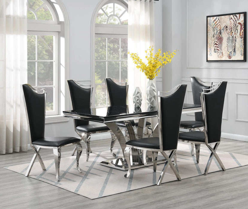 Dining Table (Black Marble) & 6 Black Leather Chairs