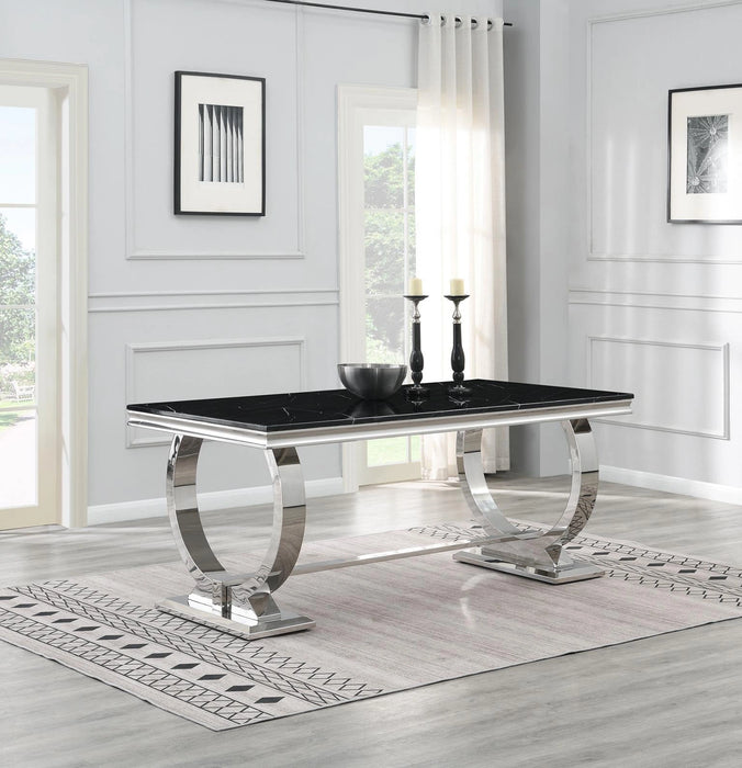 Dining Table (Black Marble) & 6 Black Leather Chairs