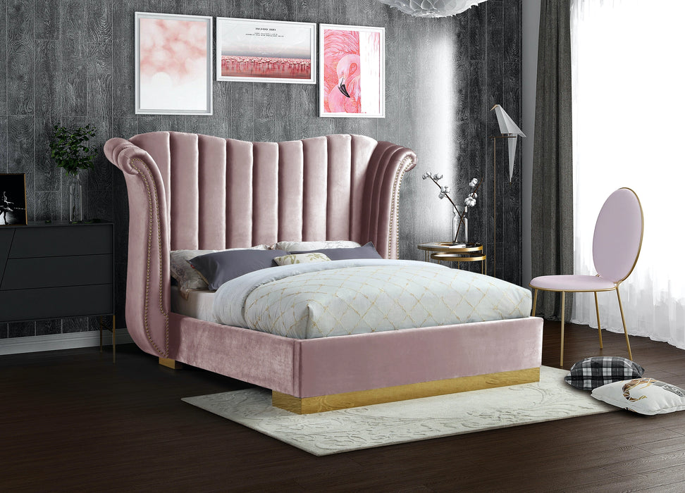 Flora Pink Velvet Queen Bed (3 Boxes)