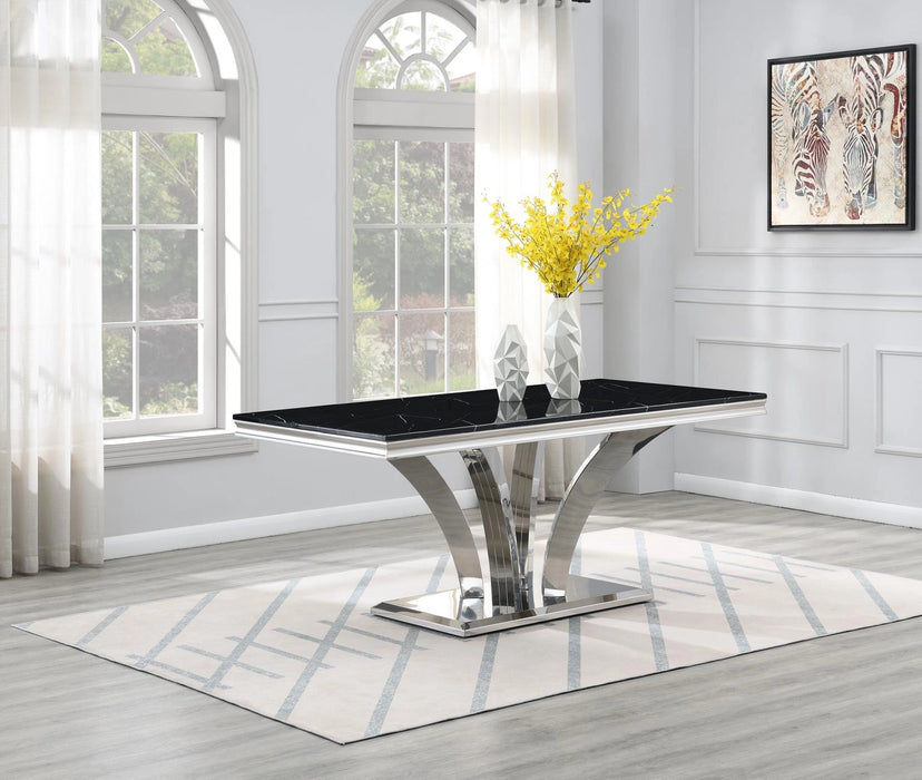 Dining Table (Black Marble) & 6 Black Leather Chairs