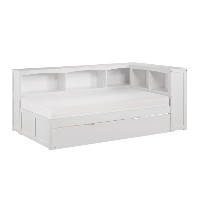 Galen (4) Twin Bookcase Corner Bed with Twin Trundle in White - B2053BCW-1BCR*