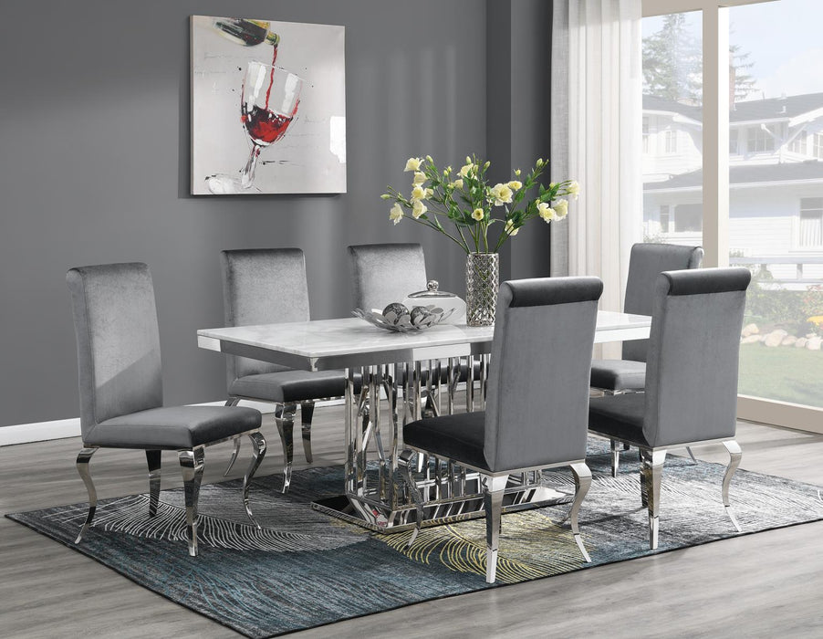 Dining Table (White Marble) & 6 Gray Velvet Chairs