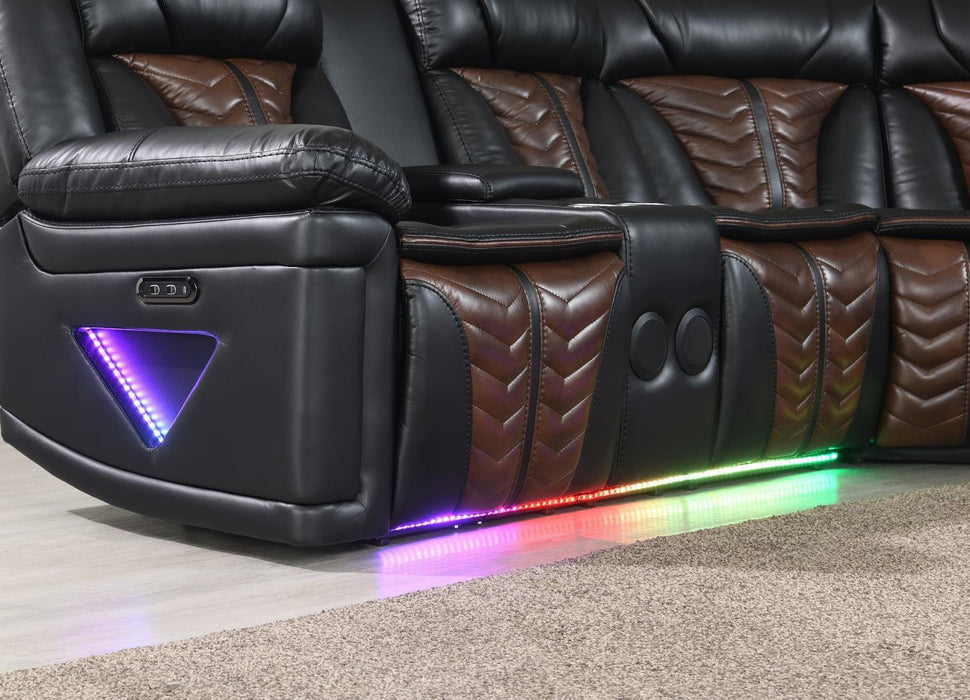 Black/Brown Power 3 Pc Sectional W/Bluetooth Speaker, And Wireless Charger, Multi Color Led