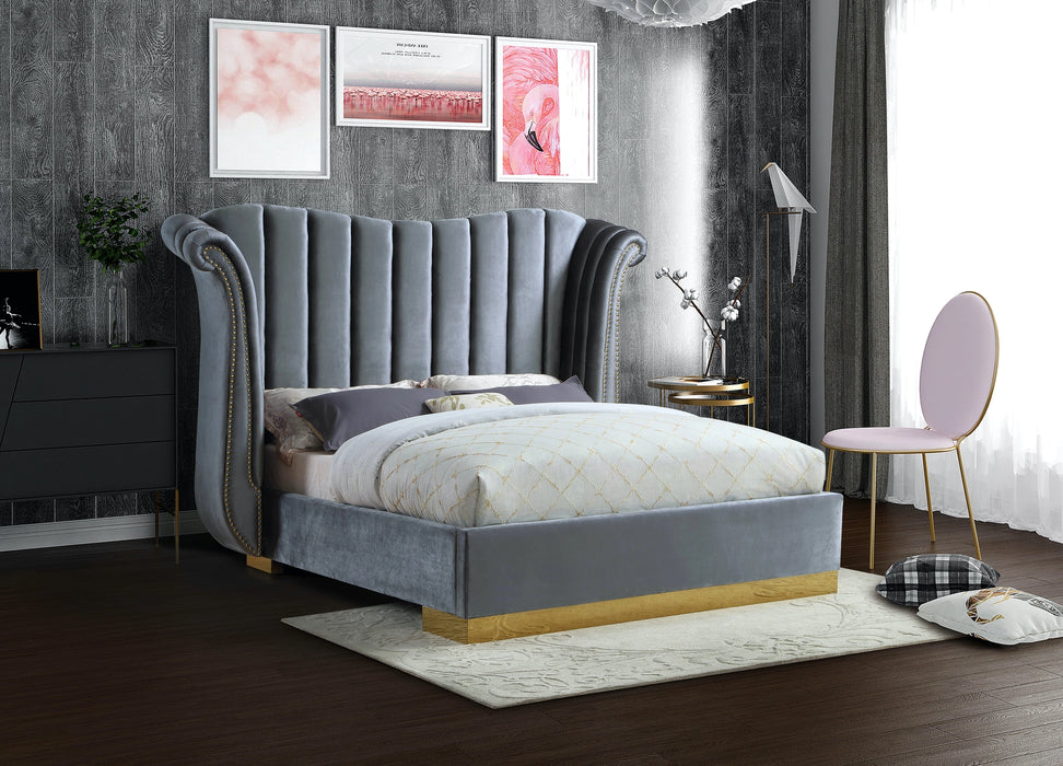 Flora Grey Velvet Queen Bed (3 Boxes)