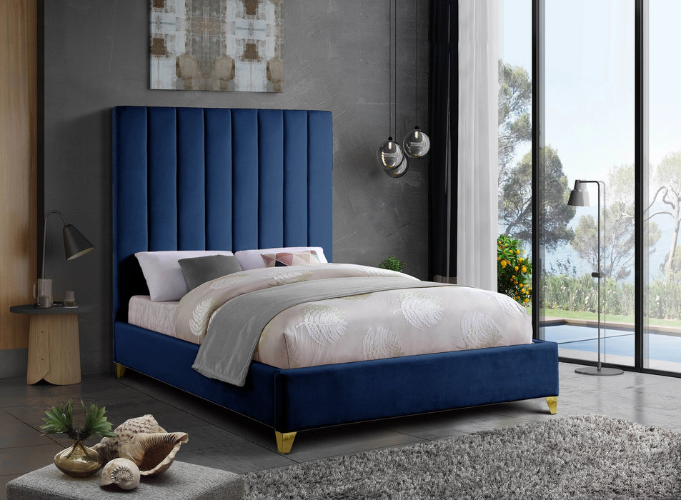 Via Navy Velvet Queen Bed