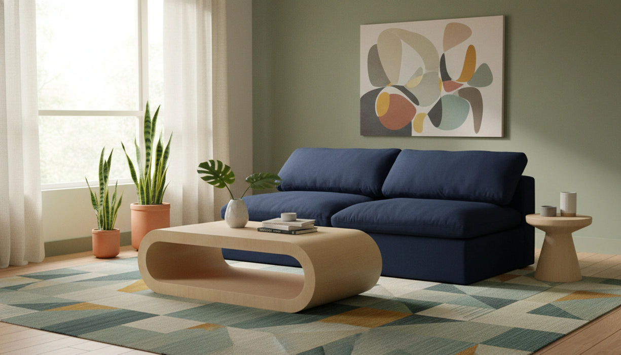 Serene Navy Linen Fabric Deluxe Cloud Modular Armless Sofa