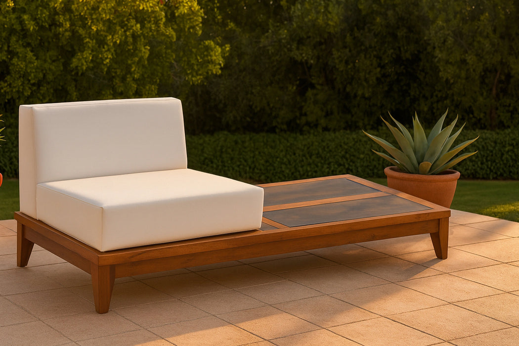 Rio Off White Waterproof Fabric Outdoor Patio Modular Chair w/ Integrated Table