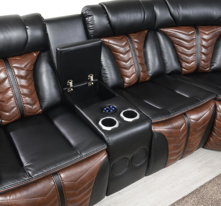 Black/Brown Power 3 Pc Sectional W/Bluetooth Speaker, And Wireless Charger, Multi Color Led