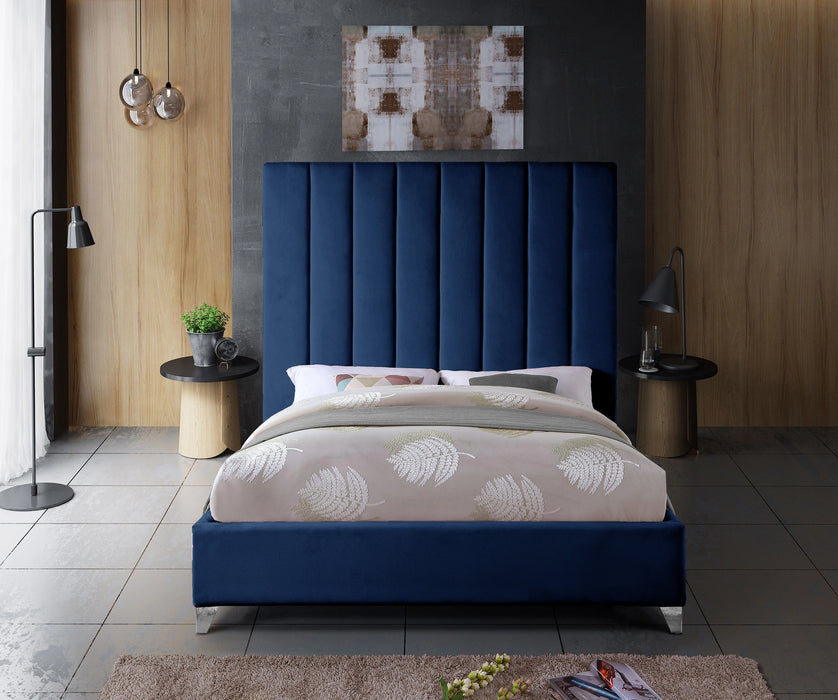 Via Navy Velvet Queen Bed