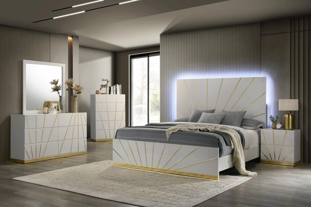 White/Gold Line Led Queen Bed