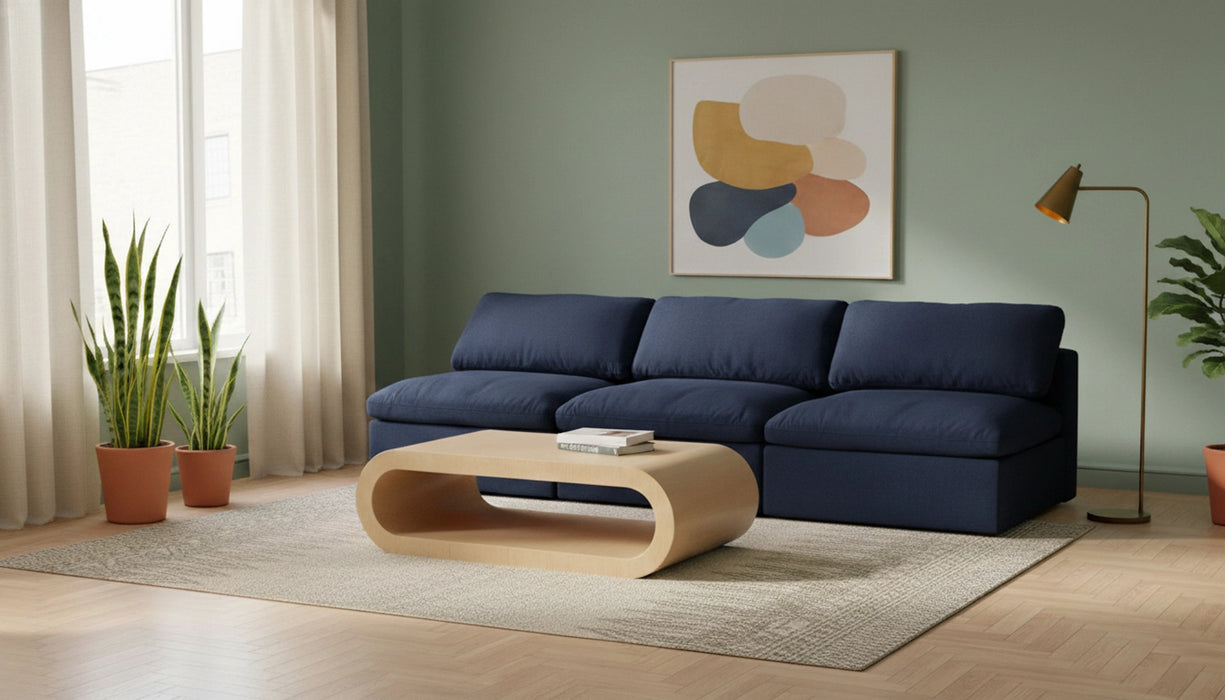 Serene Navy Linen Fabric Deluxe Cloud Modular Armless Sofa