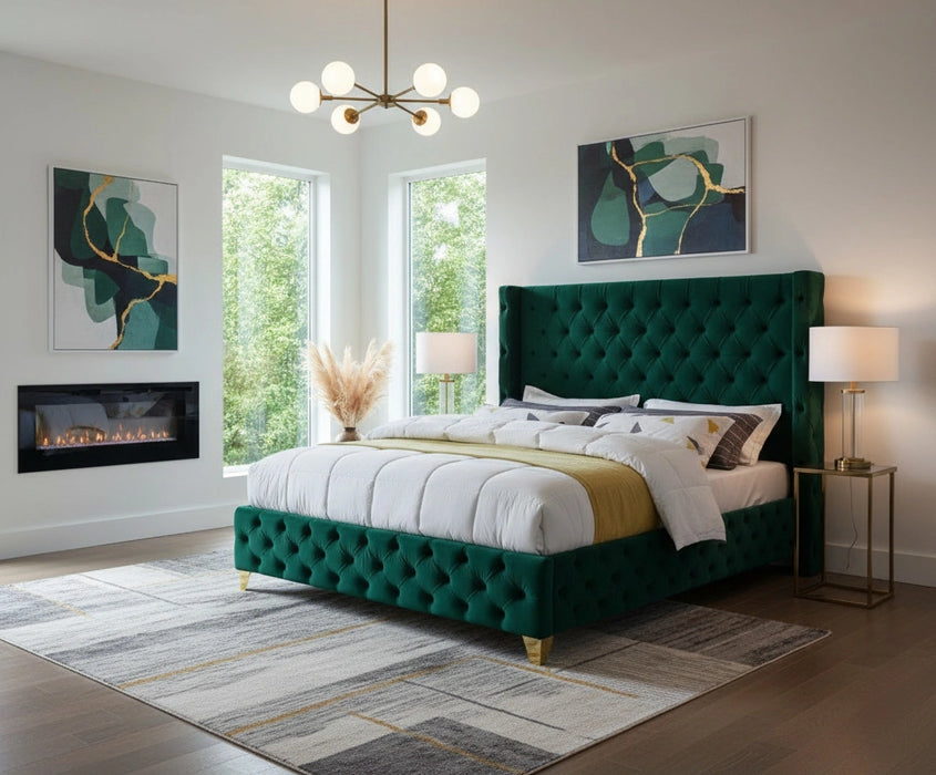 Savan Green Velvet King Bed